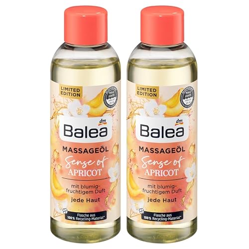 Balea 2er-Set Massageöl Sense of Apricot pflegt die Haut geschmeidig weich, blumig-fruchtig mit Mandel- und Traubenkernöl, Hautpflegeöl für wohltuende Massagen, Hautpflege ideal nach dem Sport, 100 ml