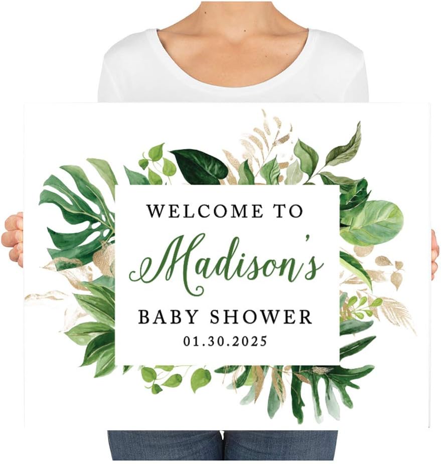 Andaz Press Custom Large Baby Shower Canvas Welcome Sign, 16 x 20 Inches, Tropical Palm Leaves, Guestbook Alternative, Personalized Sign Our Canvas, for Tropical Baby Shower, Baby Sprinkle Theme