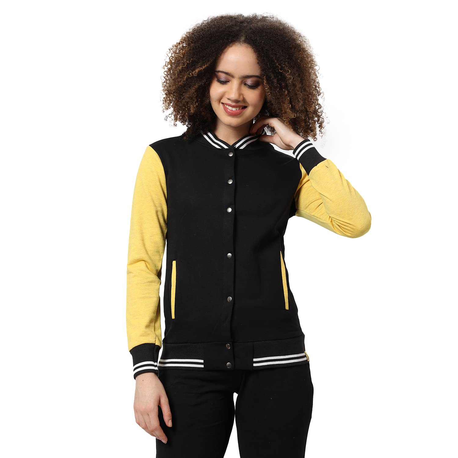pinacolada Women's Black & Yellow Regular Fit Cotton Varsity Jacket For Winter Wear | Full Sleeve | Buttoned | Casual Jacket For Woman & Girl | Western Stylish Jacket For Women-picture-39