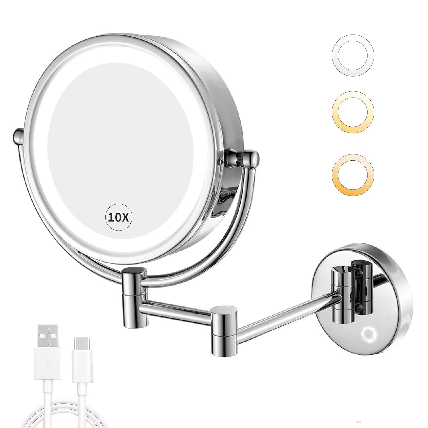 GURUN 8.5 Inch Magnifying Makeup Mirror with 3 Tones Dimmable LED Lights Double Sided Touch Control Rechargeable Vanity Mirror for Bathroom with 10X Magnification M1809DC-T (Chrome/10X) Chrome 15"L x 11"W