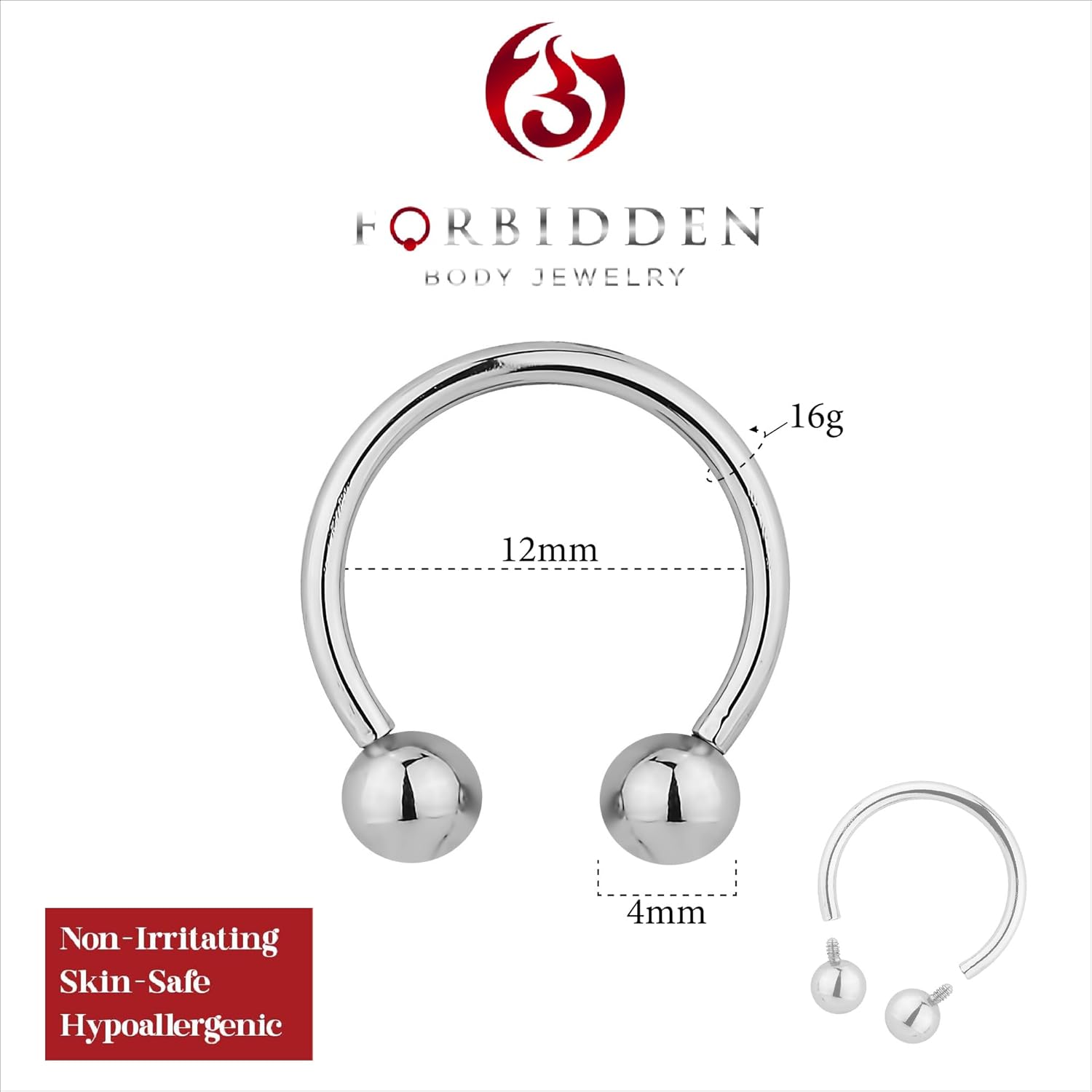 Forbidden Body Jewelry 16g 12mm Surgical Steel Internally Threaded Horseshoe Body Piercing Ring - Image 2