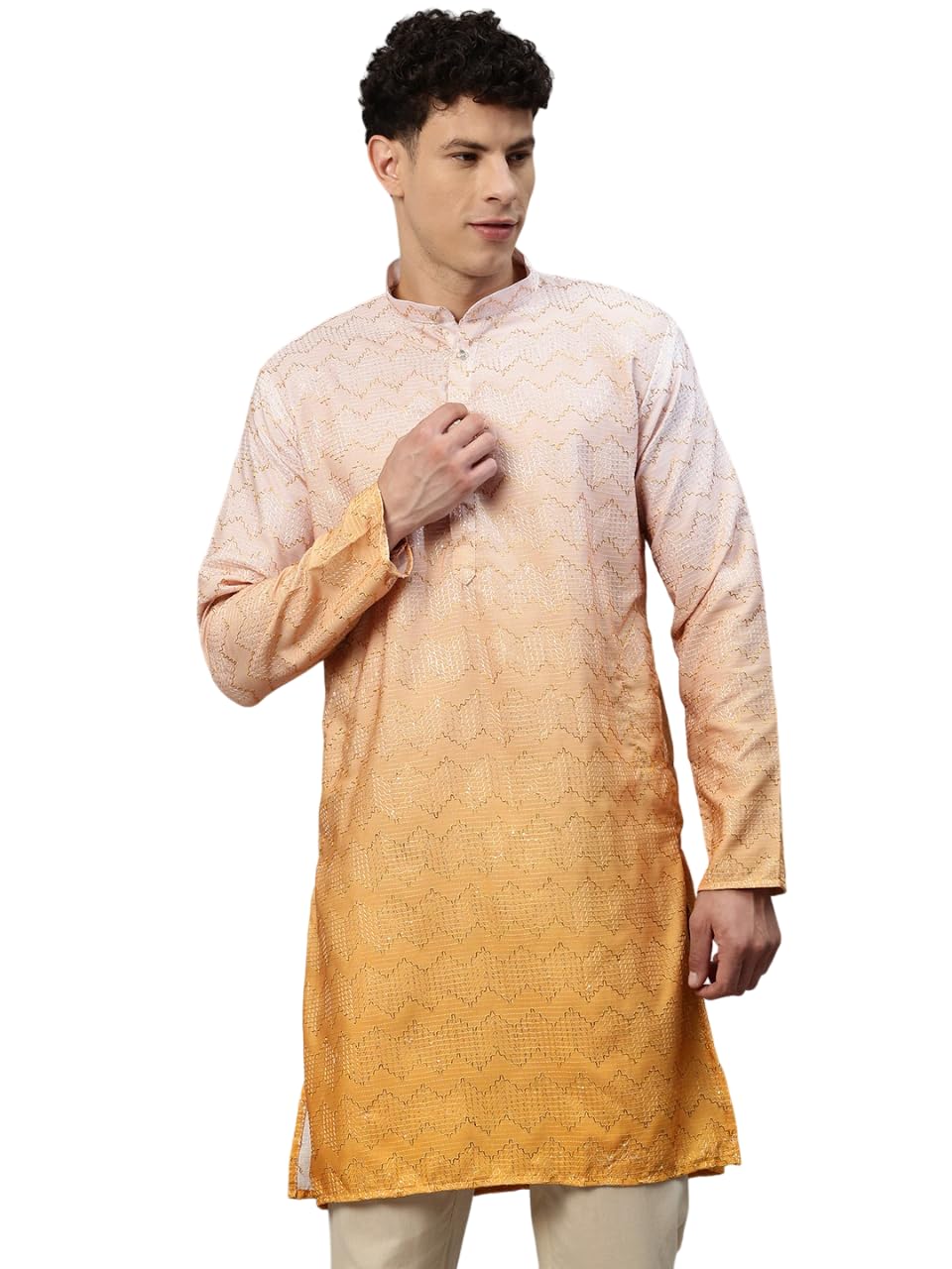luxrio Men's Ombre Shaded Sequence Self Embroidered Textured Long Kurta Full Sleeves - Casual Ethnic Wear-picture-12