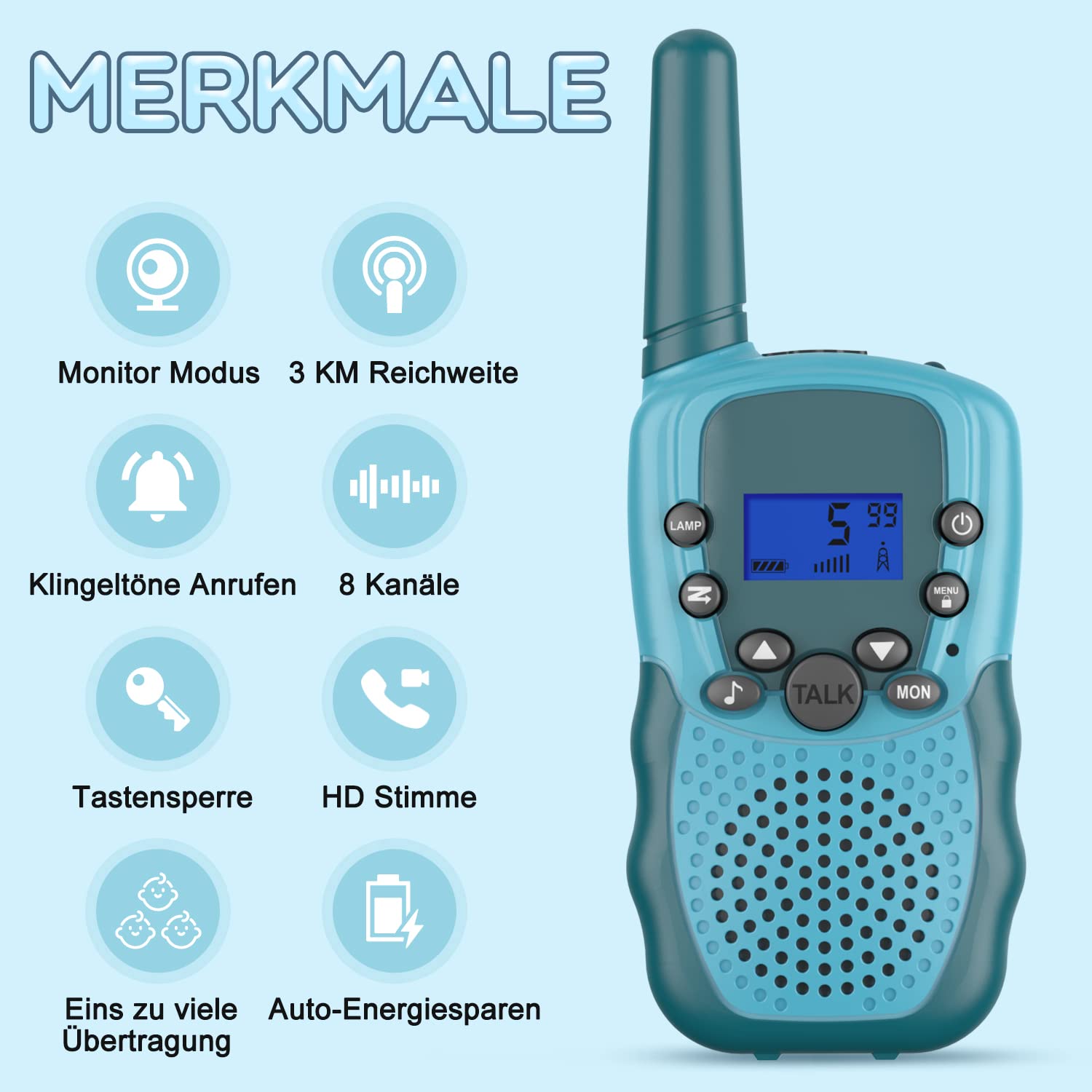 Walkie Talkie Kinder ab 3-12 Jahre, Aufladbar mit 8 Kanäle, Funkgerät Wiederaufladbar mit LED Taschenlampe, VOX Funktion, Klare Stimme für Abenteuer, Camping, Wandern