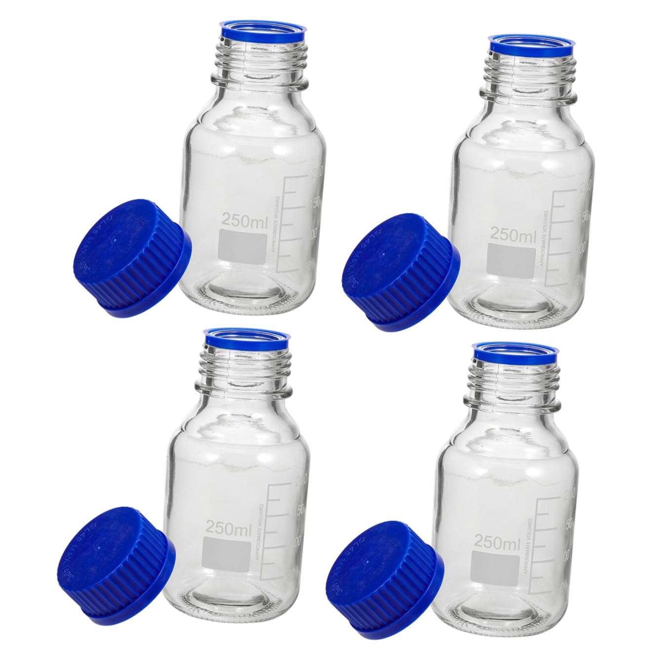 Didiseaon 4 Pezzi Bottiglie di Vetro per Reagenti da 250ml con Tappi a Vite, Design Graduato e Cappucci Blu, Leggere per Uso in Laboratorio e Istituti Chimici