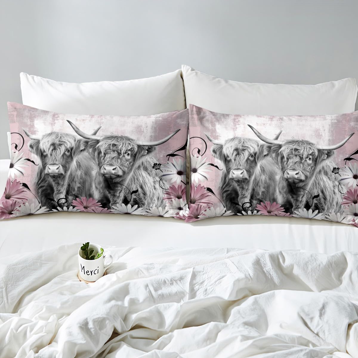 Highland Cow Bed Sheets Western Farmhouse Decor Full, Longhorn Bull Cattle Fitted Sheet Wild Animal Bedding Set, Daisy Rustic Flowers Room Decor, Pink Oil Painting Sheets Cowboys Gifts for Women