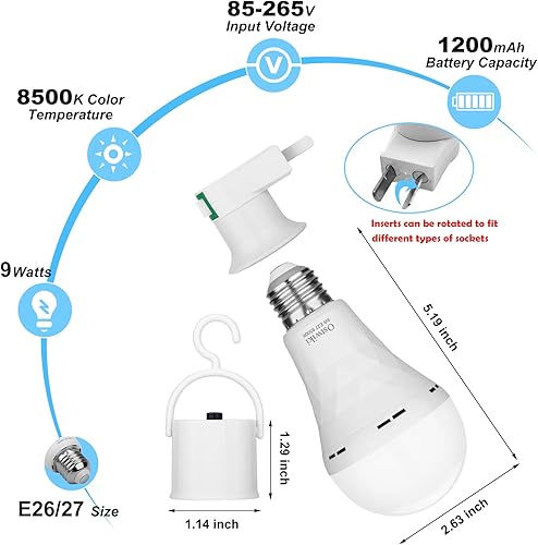 Miniatura 2 de Paquete de 2 bombillas recargables de emergencia, funciona con pilas, 9 W, E27, 8500 K, 1200 mAh, equivalentes a color blanco, bombillas LED de