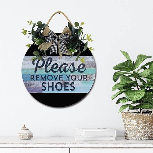 Miniatura 10 de Letrero para puerta delantera, coronas divertidas, decoración de placa de madera para colgar, decoración redonda de madera rústica, decoración de