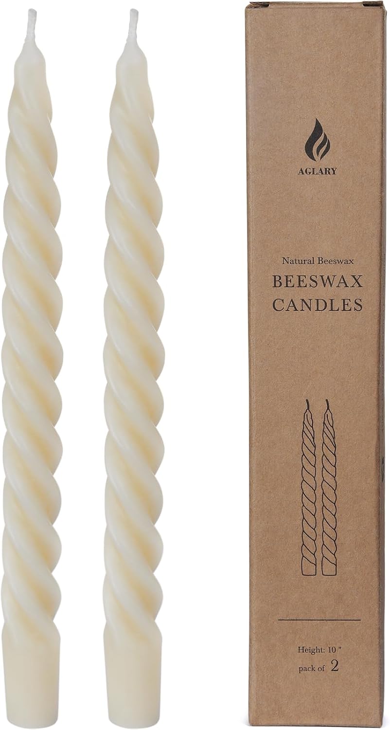 16PCS 7-Inch Pure Beeswax Spiral Taper Candles, Twisted Stick Candles, Dripless & Unscented for Weddings, Christmas, Dinner, Meditation - White