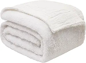 EMME White Throw Blanket Muslin and Fleece Blanket for Women Reversible - 50"*60" Soft & Cozy Warm Lightweight Small Blankets for Couch Bed Picnic Travel Bed