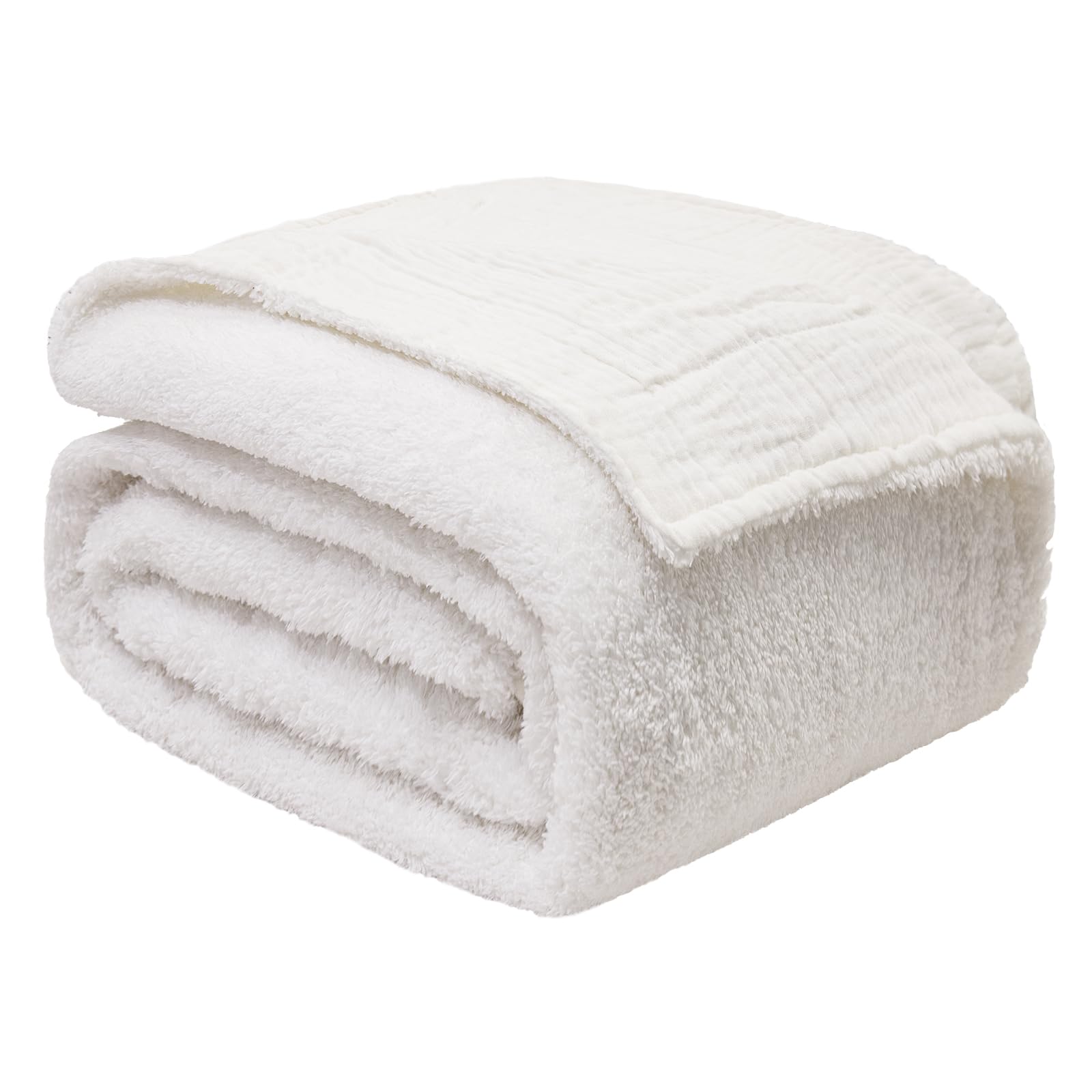 EMME White Throw Blanket Muslin and Fleece Blanket for Women Reversible - 50"*60" Soft &amp; Cozy Warm Lightweight Small Blankets for Couch Bed Picnic Travel Bed