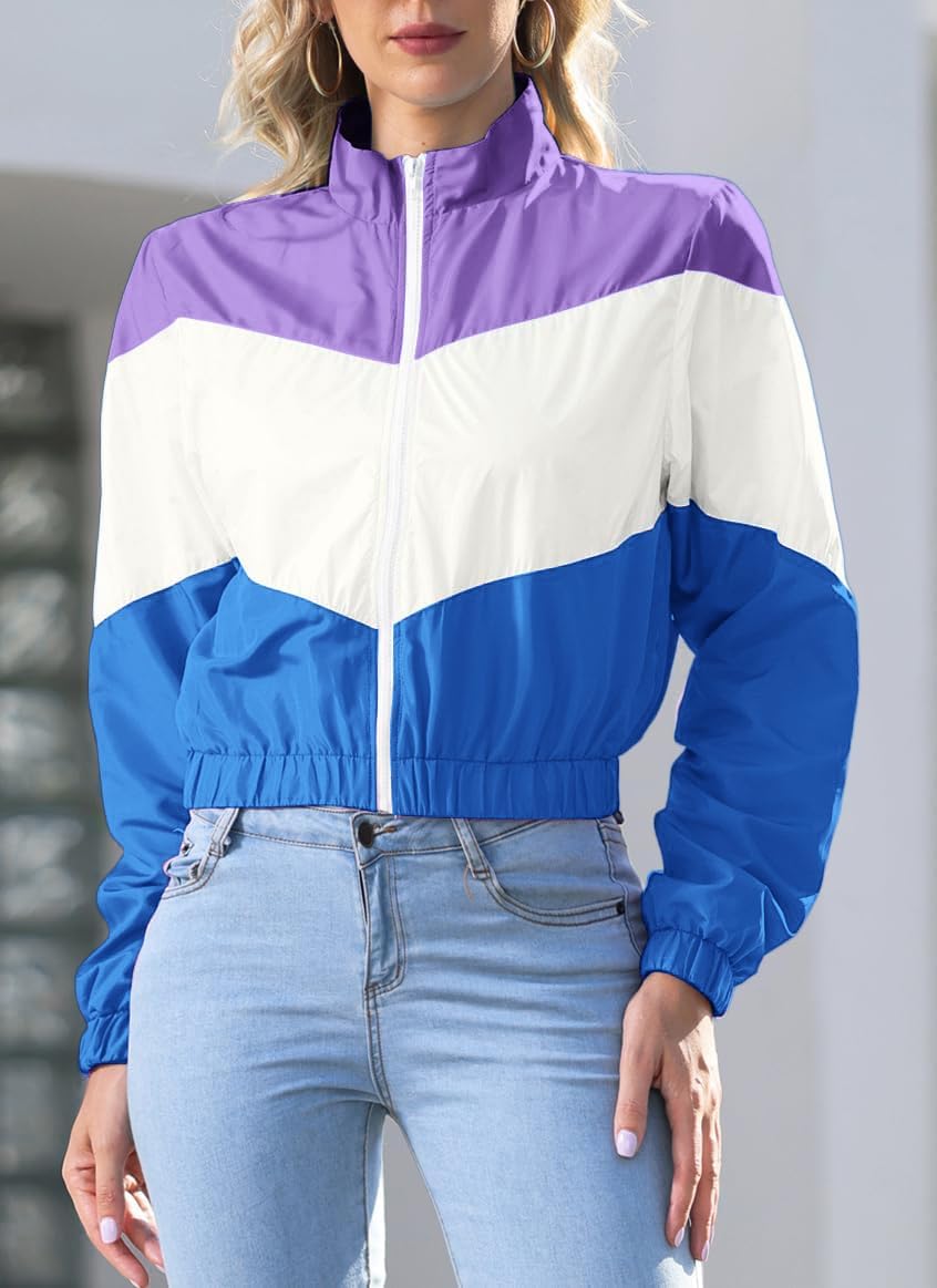 Women’s Lightweight Windbreaker Sport Jacket Zip Up Color Block Coat Casual Long Sleeve Jogging Outerwear image 3
