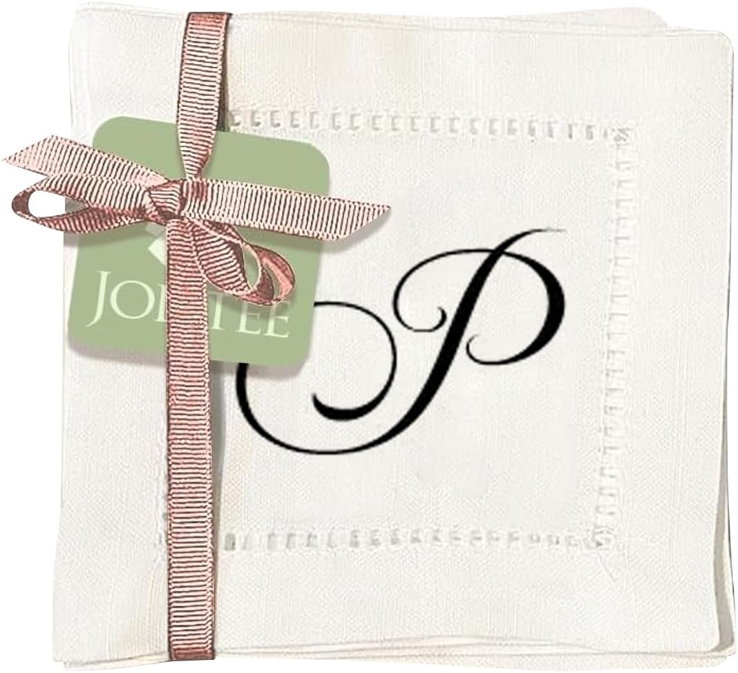Jolitee Decorative Hemstitch Cocktail Napkins with Printed Initials P – 6"x6" Linen-Like Washable Fabric – Handmade Cloth Napkins for Entertaining, Parties, and Everyday Use