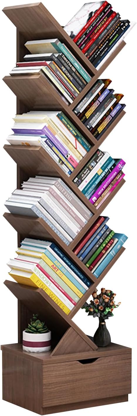 Beauenty Desktop Tree Bookshelf Display Storage Shelf 10 Tier, Wood Storage Rack Tree Bookcase With Drawer For Home School Book Magazine Office Study Table Bedroom (Style 6)