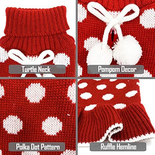 KYEESE Red Dog Sweaters Dress with Leash Hole Polka Dot Dog Sweater Knit Warm Doggie Sweaters with Pom Pom Ball for Fall… - Image 7