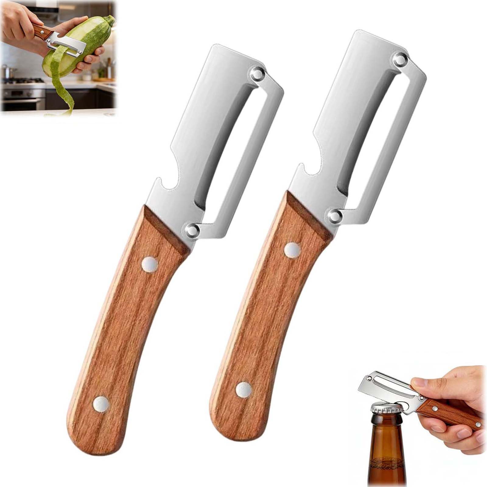 2PCS Premium Vegetable Peeler with Wooden Handle and Bottle Opener, Multi-Functional Vegetable Peeler, Stainless Steel Blade Kitchen Tool for Fruit