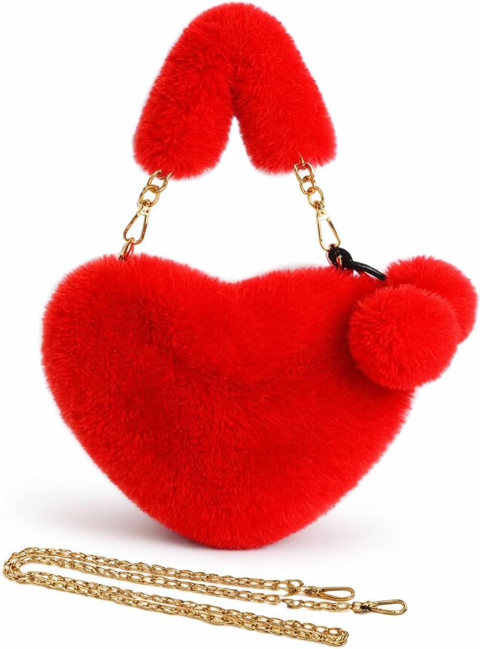 STYLTR Grunge Style Heart Bag Red Faux Fur with Pom Pom Red pack of 1