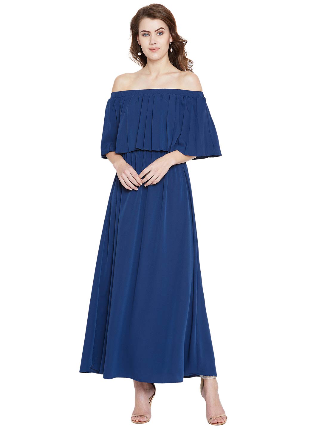 Berrylush Berrylush Blue Solid Off-Shoulder Layered Maxi Dress for Women in blue