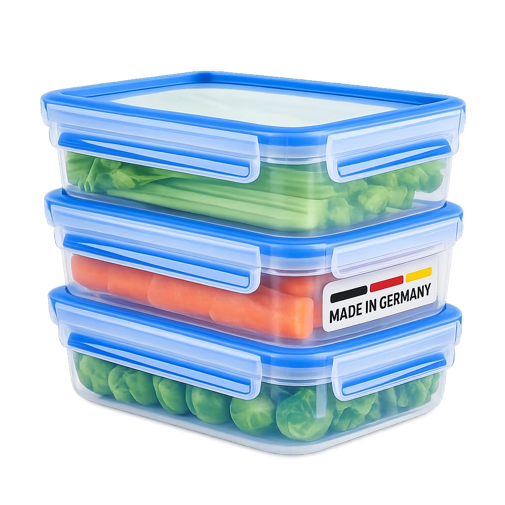 EMSA Clip & Close Frischhaltedosen-Set, rechteckig, 3 x 1,2 L, Blau, Made in Germany