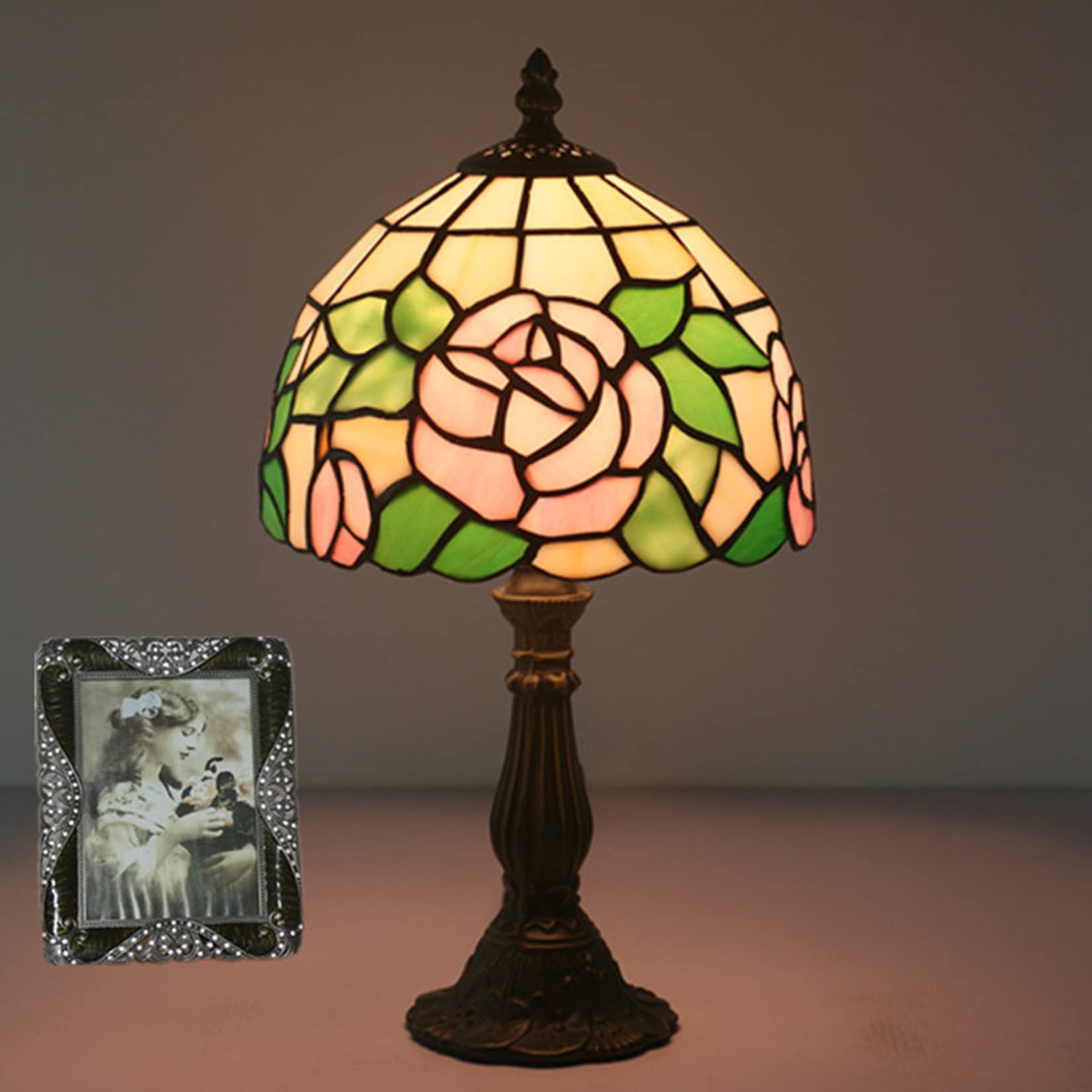Lampa róża na stół, stolik nocny, motyw kwiatowy, witraż, akcent na biurko, lampka nocna dla dziewczyny, ukochanej, sypialni, prezent urodzinowy, 8 x 15 cali, D niespodzianka (g)