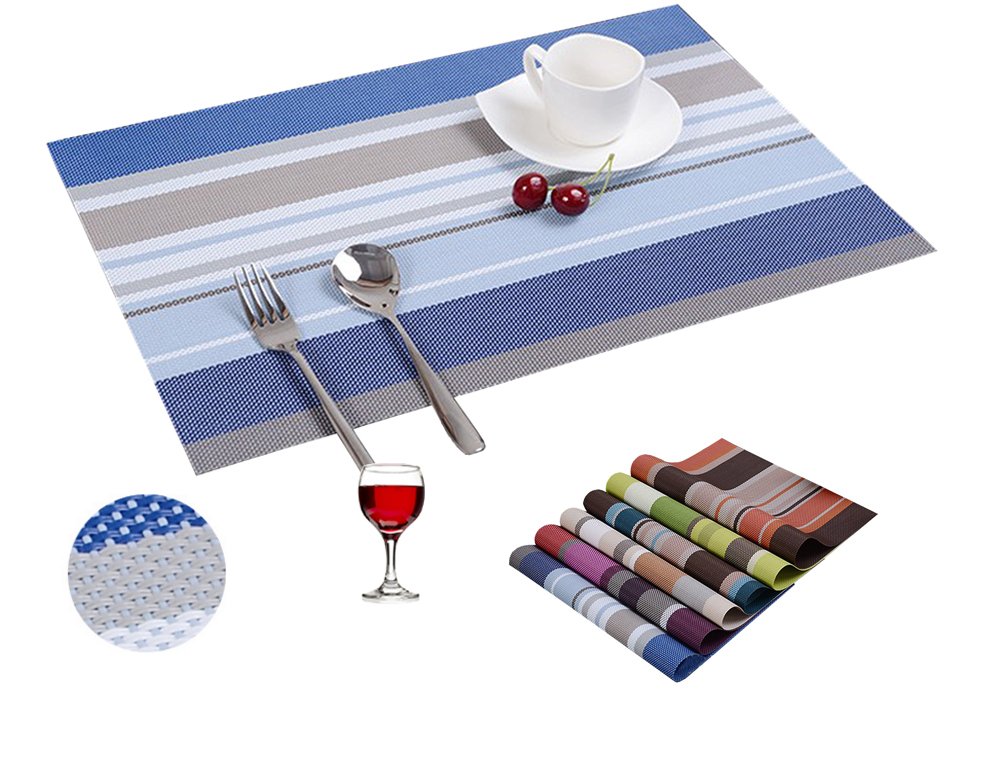 Lutanky Elegant Stripe Placemats Set of 6 Non-slip Insulation Washable PVC Weave Table Mats (set of 6, blue)