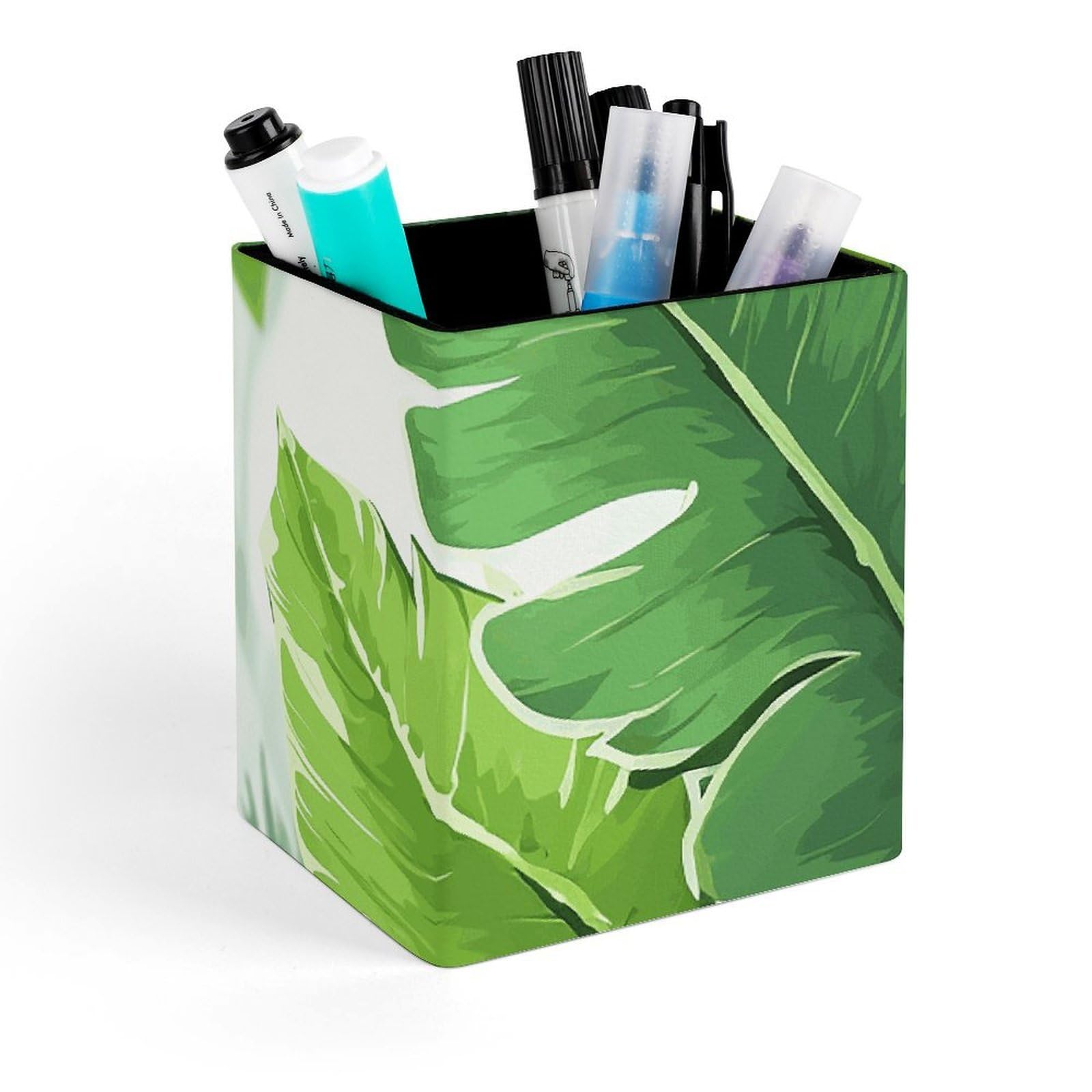 FekiLoot Cute Banana Leaves Pencil Holder Square Leather Pen Holder Cup Modern Multi-Functional Pencil Cup Holder Decorative Desk Organizer Caddy Makeup Brush Holders for Desk Office