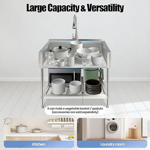 Miniatura 4 de Fregadero de cocina de acero inoxidable con grifo, fregadero de lavandería independiente de 35.8 x 21.8 pulgadas, acero inoxidable 201, fácil de