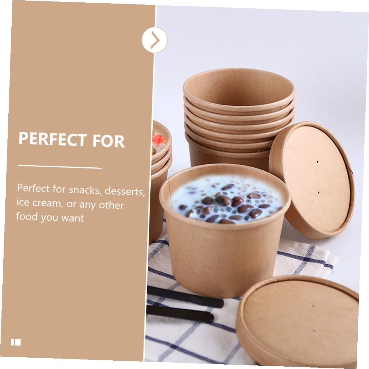 LABRIMP 50pcs Thickened Kraft Paper Ice Cream Cups with Lids 8oz Disposable round Soup Bowls for Takeout Cold Desserts Yogurt Storage and Ice Cream Serving