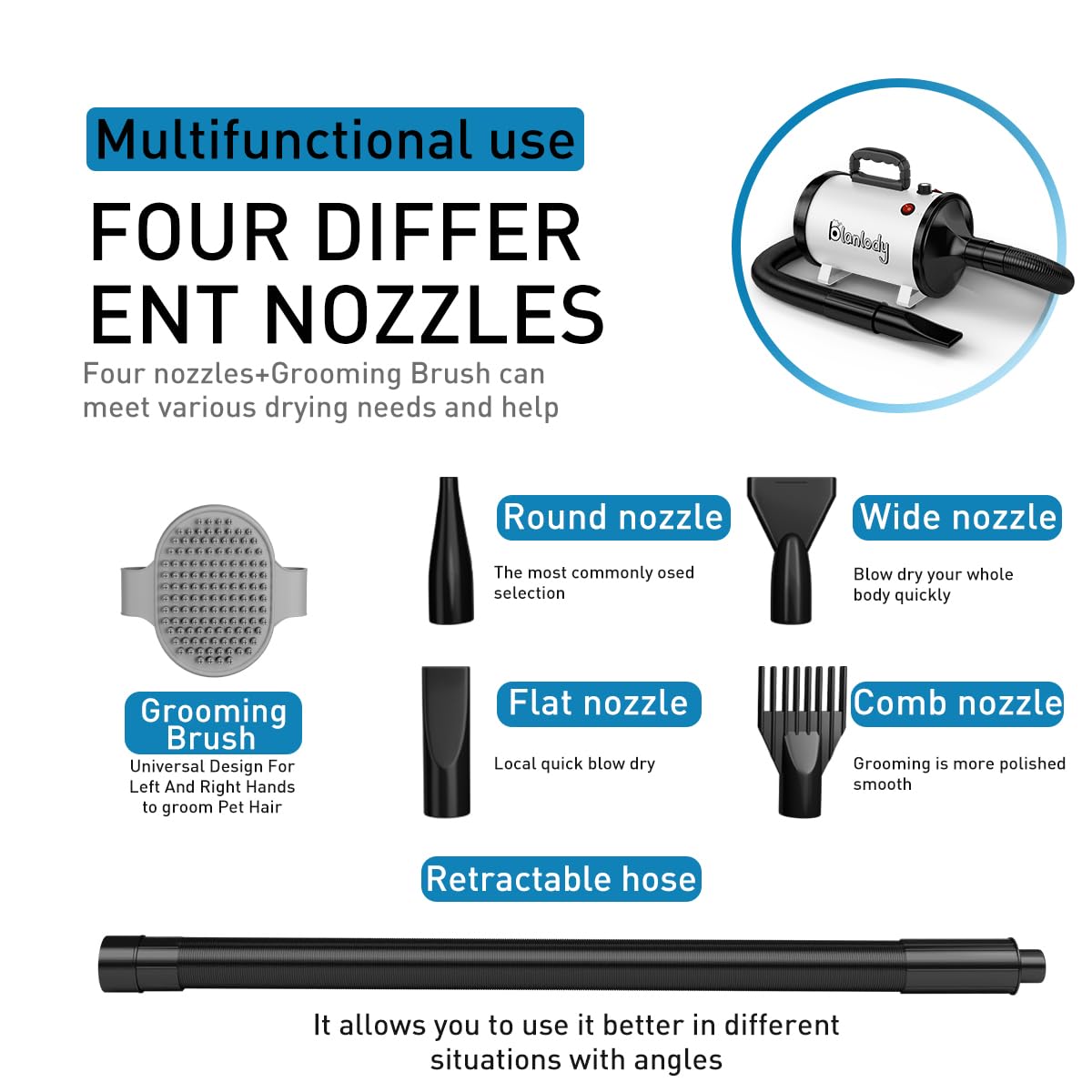 Blanlody Asciugacapelli per Cani Blower Molto Silenzioso, 4,5 CV/3200 W, velocità Regolabile, Ventilatore per la Cura del Cane con 4 Diversi ugelli, Tubo Elastico e Spazzola per la Cura