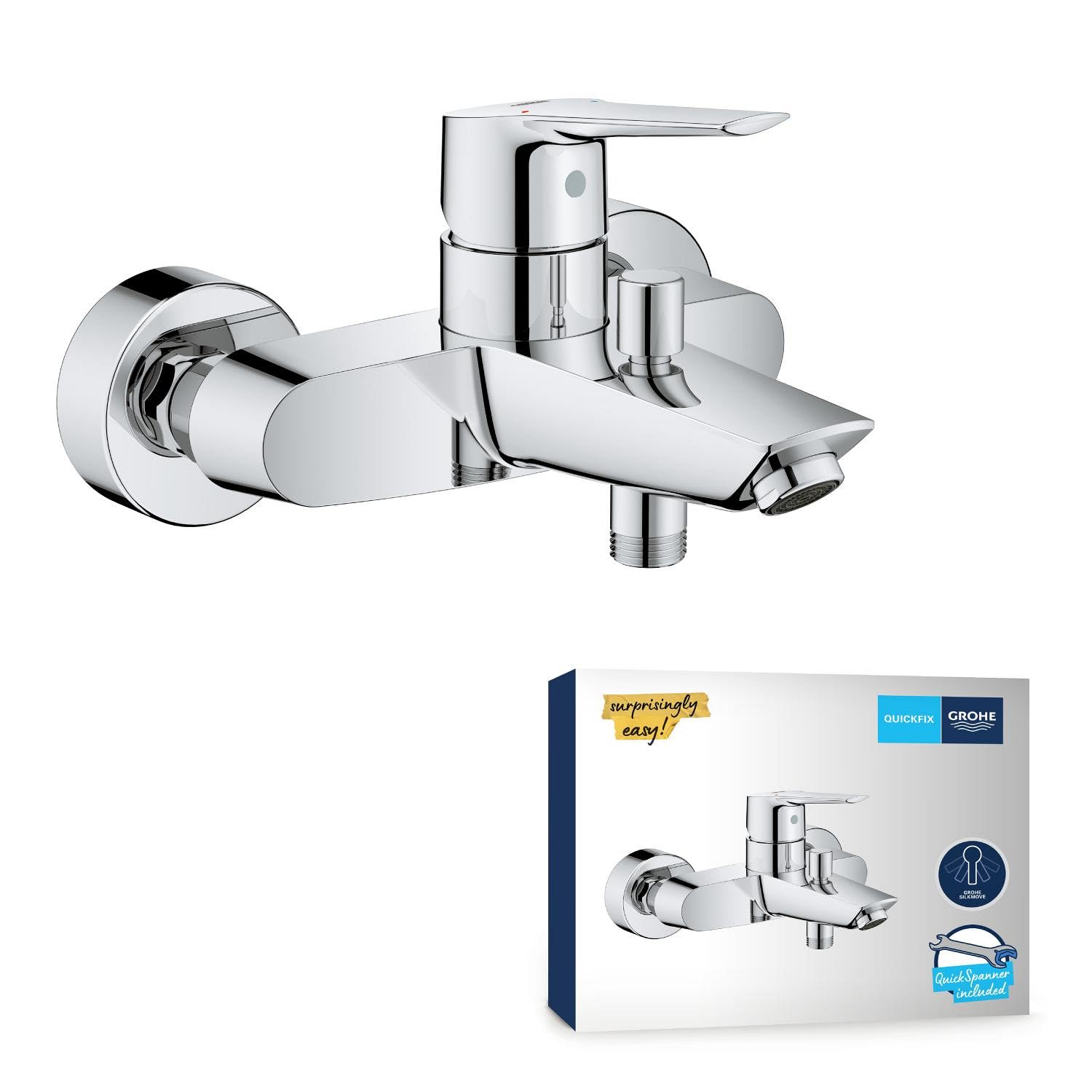 GROHE Mitigeur monocommande Bain/Douche Start avec inverseur, robinet avec mousseur économique d'eau, montage mural, raccord fileté 1/2", rosaces incluses, chromé, 24206002 (Import Allemagne)