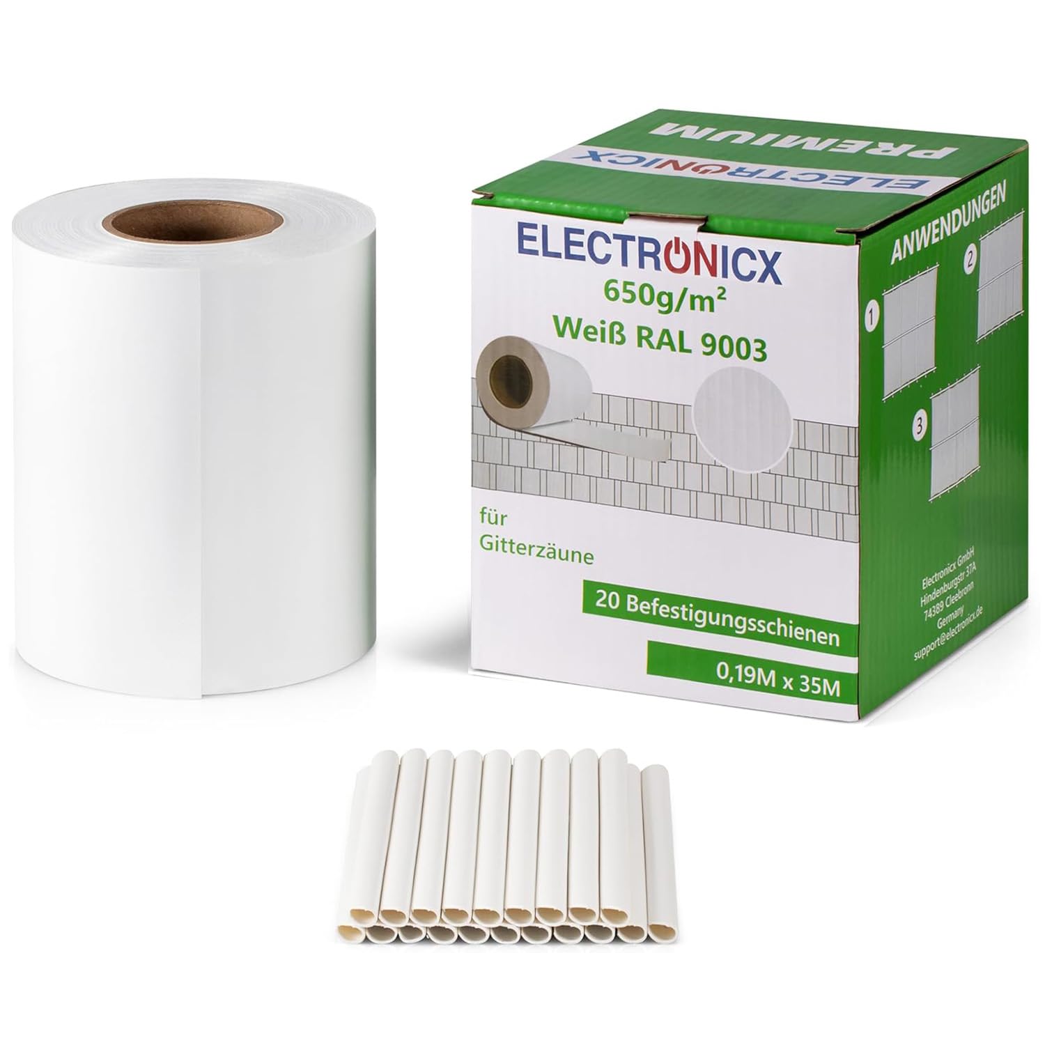 Electronicx Premium PVC Sichtschutzstreifen RAL 9003 Weiß Hochwertige Zaunfolie Doppelstabmatten 35m x 19 cm 650g/m² UV-beständig, extra langlebig, Blickdicht, inkl. 20 Befestigungsclips