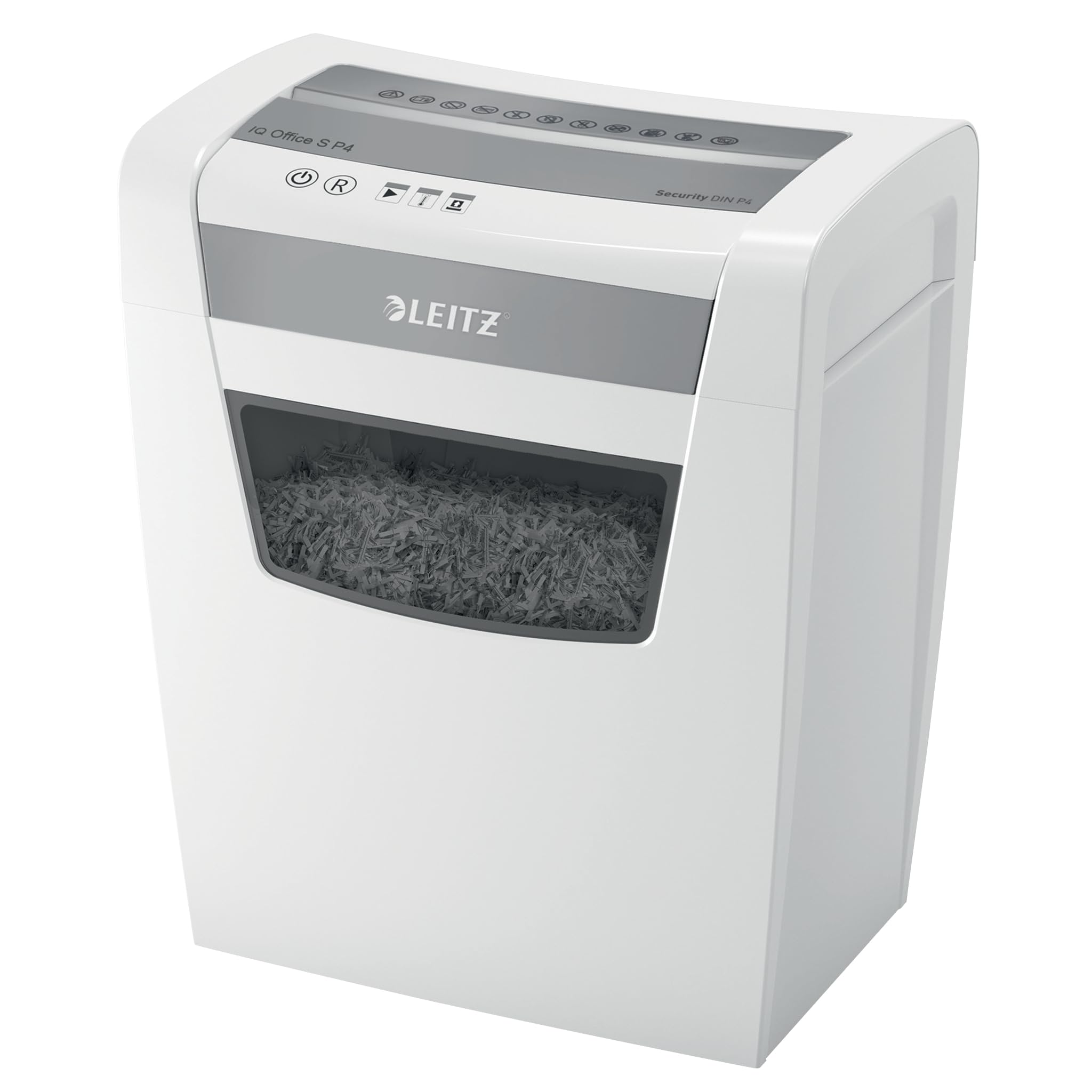 Leitz IQ Office S 80990000 - Distruggidocumenti 14-12 fogli di capacità (70-80 g/m²), taglio a particelle, livello di sicurezza P4, contenitore per rifiuti da 23 l, trituratore, colore: Bianco