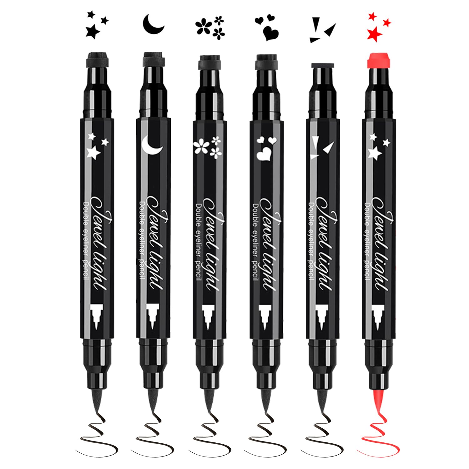 Pinkiou 6 Pcs Eyeliner Stamp Pen Set,Double-Ended Winged Eyeliner Pen with Black&Red Heart,Star,Plum,Triangle and Moon Shapes,Waterproof Long Lasting Liquid EyeLiner for Festival Gothic Cosplay Makeup Black & Red