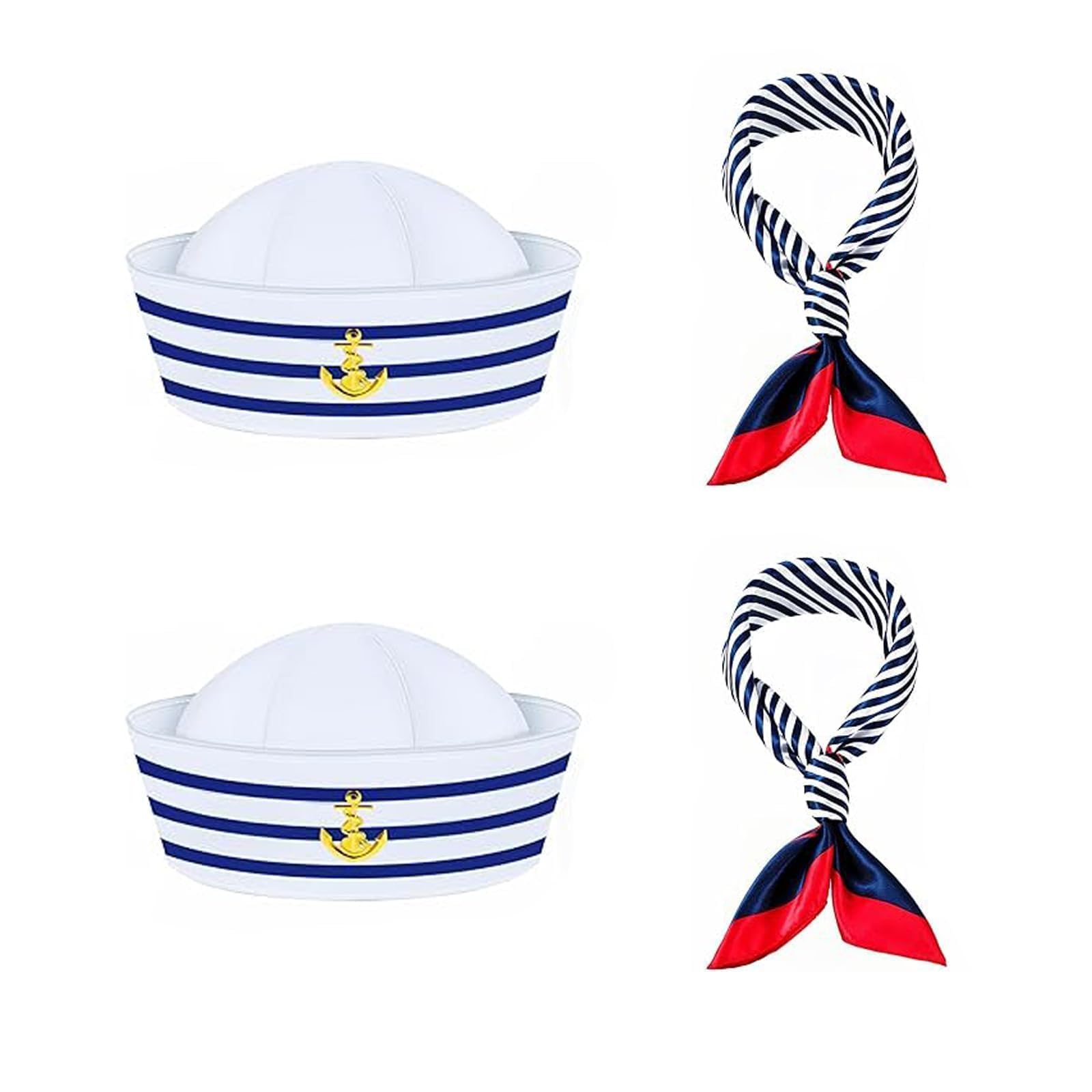 2PCS Sailor Hat and 2PCS Scarf Set, Sailor Costume, Blue and White Striped Sailor Captains Hat＆Red Edge Blue Bar Square Scarf, Dressing Up Party for Women Men Costume Accessory