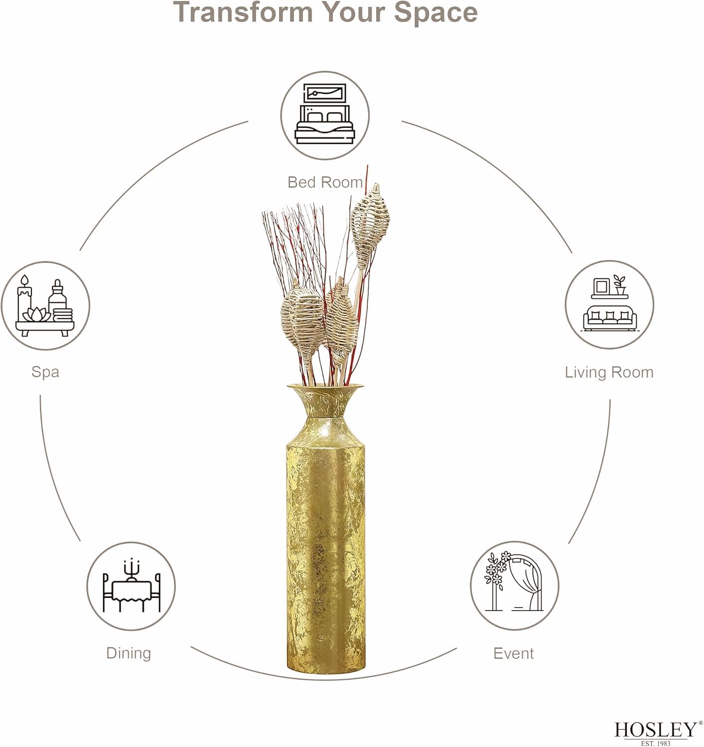 Hosley 16" High Gold Metal Decorative Tall Floor Vase - Metallic Centerpiece Vases for Floral Arrangements Home Decoration - Flower Bucket Vases for Gift, Spa, Reiki Meditation Settings O5 - Set of 1