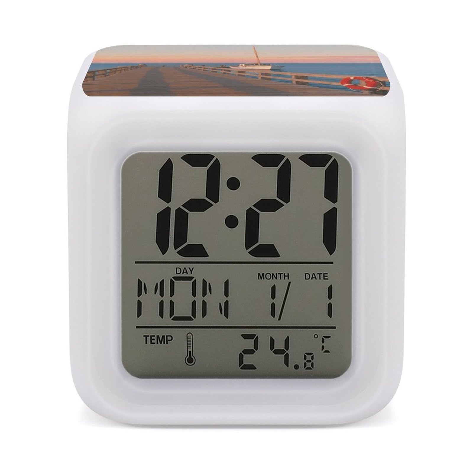 FodPand 7 Color Ambient Night Light Cube Battery Operated Seaside Escape Digital Clock with Snooze Temperature LED Digital Alarm Clocks Dimmable Wake Up Light Portable Mood Lamp for Bedroom Desk Gift