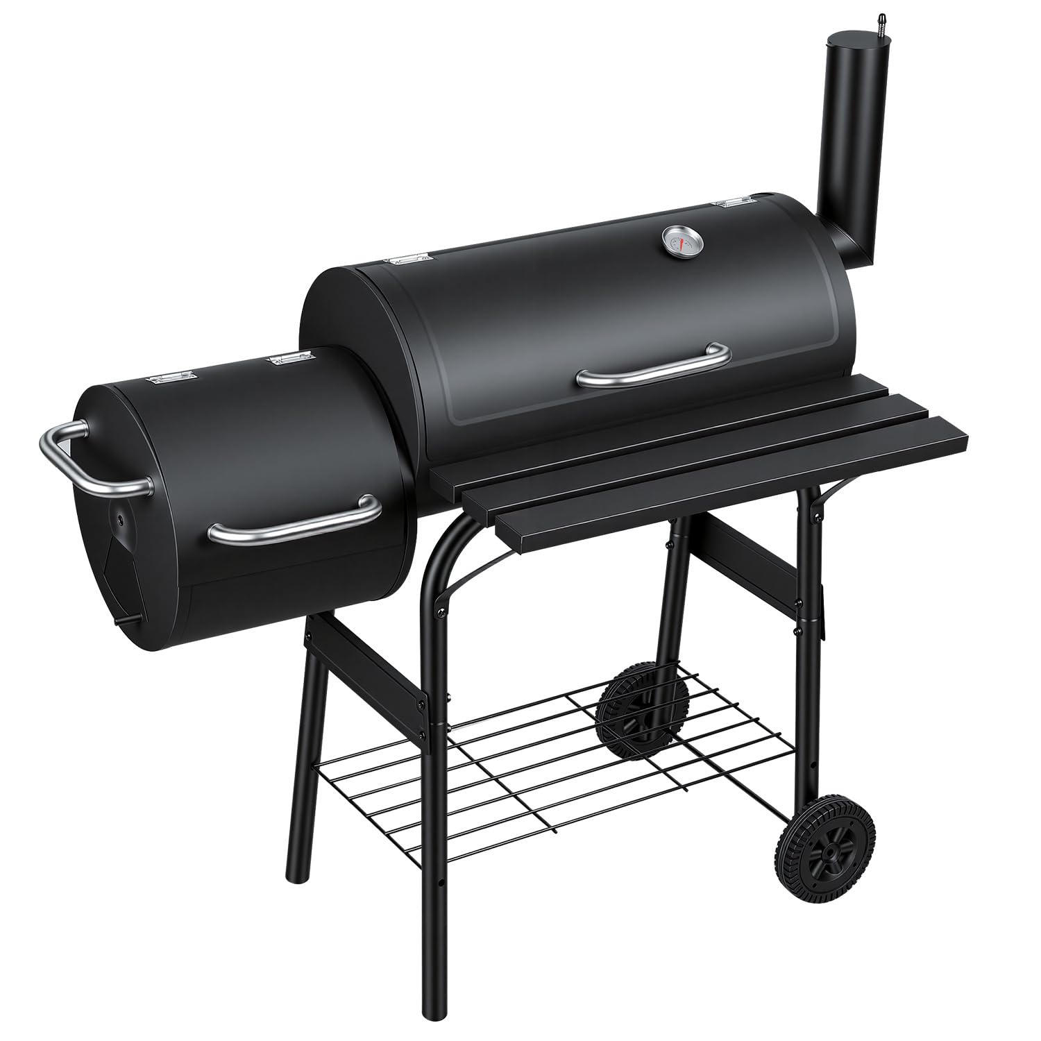Barbecue a carbonella con 2 camere, carrello per barbecue con termometro, affumicatore per grigliare e affumicare indirettamente, barbecue da giardino con ripiani, nero