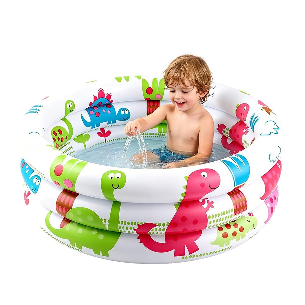 Paddling Pools for Kids, 3 Ring Inflatable Baby Swimming Pool with Inflatable Safety Bubble Bottom, for Kids Toddlers Adult, Indoor Outdoor Garden Swimming Pool (Dinosaur)