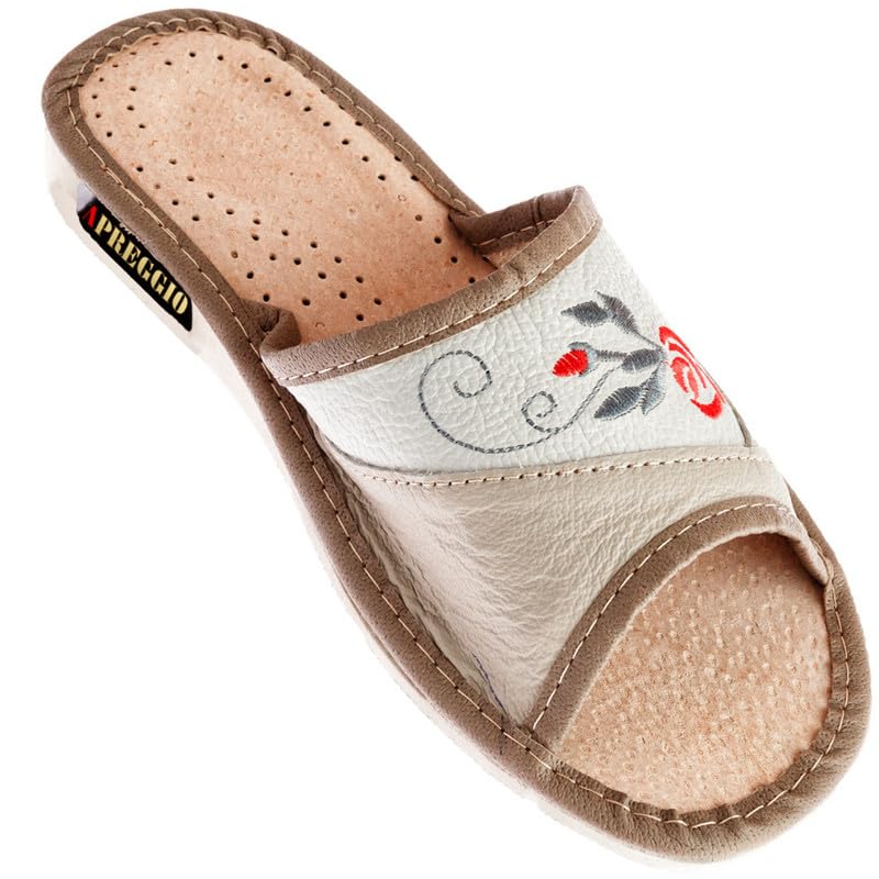 APREGGIO Chaussons Femme Cuir – Fait Main, Pratiques et Confortables – Beige – 37