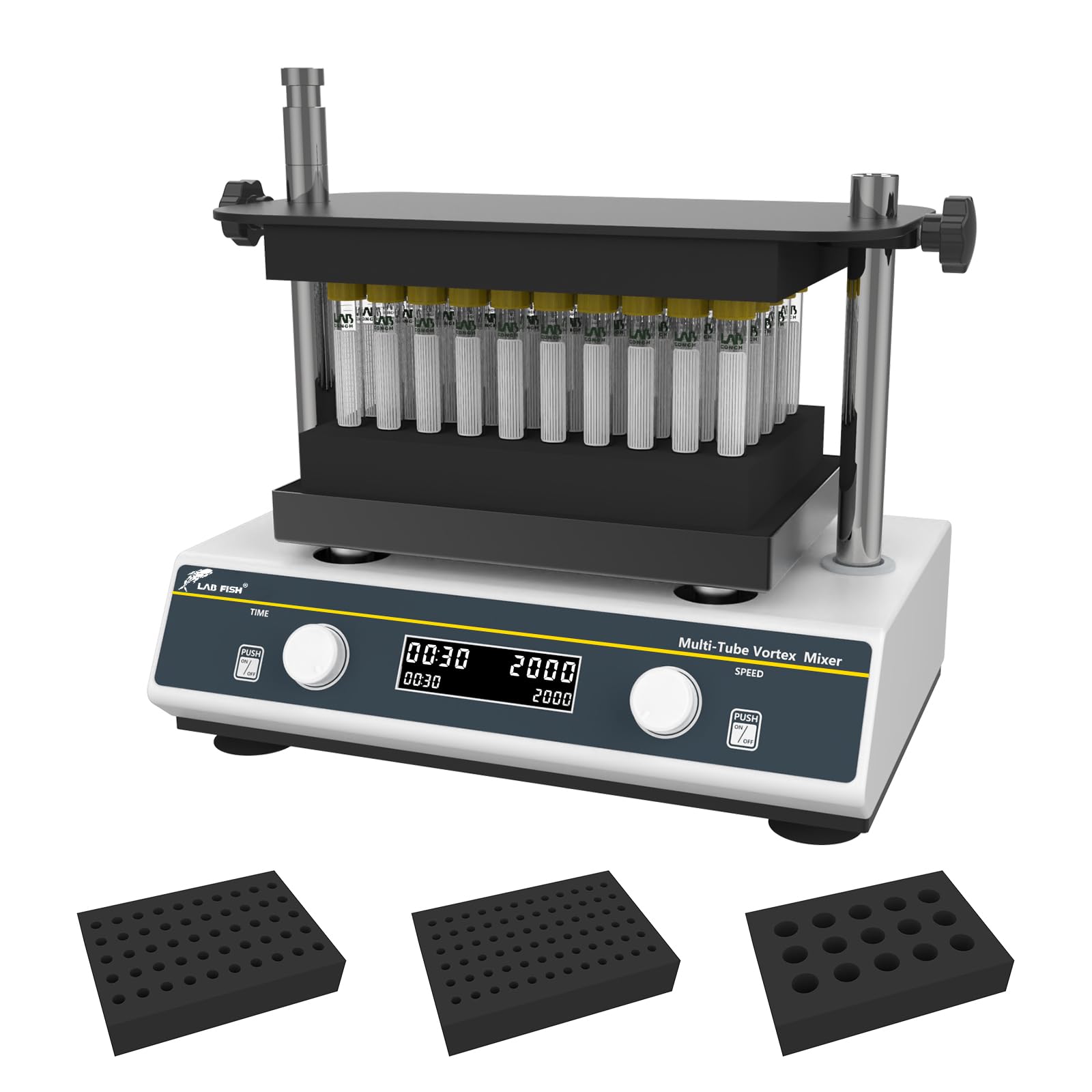 LAB FISH Multi Tubes Vortex Shaker Capacity 1.5ml/2ml/5ml/10ml/15ml/50ml Test Tube Adjustable Speed 500-3000 RPM Digital Vortex Mixer W/ 3 Modules for