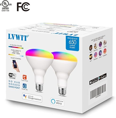 Miniatura 9 de LVWIT Bombilla inteligente Wi-Fi Alexa, LED inteligente BR30, funciona con Google Assistant, aplicación Smart Life, aplicación Tuya, equivalente a