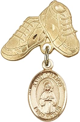 14kt Yellow Gold Baby Badge with St. Lillian Charm and Baby Boots Pin 1 X 5/8 inches