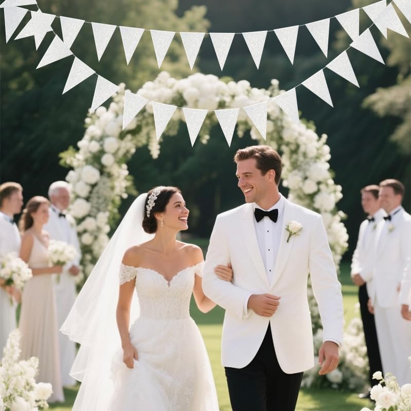 Image of White Hanging Triangle Flag Pennant Garland White Hanging Paper Pennant Streamer Paper Triangle Flag Bunting Banner for Graduation Wedding Engagement Birthday Party Decorations 30 Feet