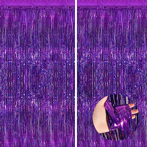 Purple Metallic Tinsel Foil Fringe Curtains 2 Pack 3.3x8.3 Feet Party Streamer for Birthday Party Decorations Halloween Decor Foil Curtain Backdrop for Bachelorette Party