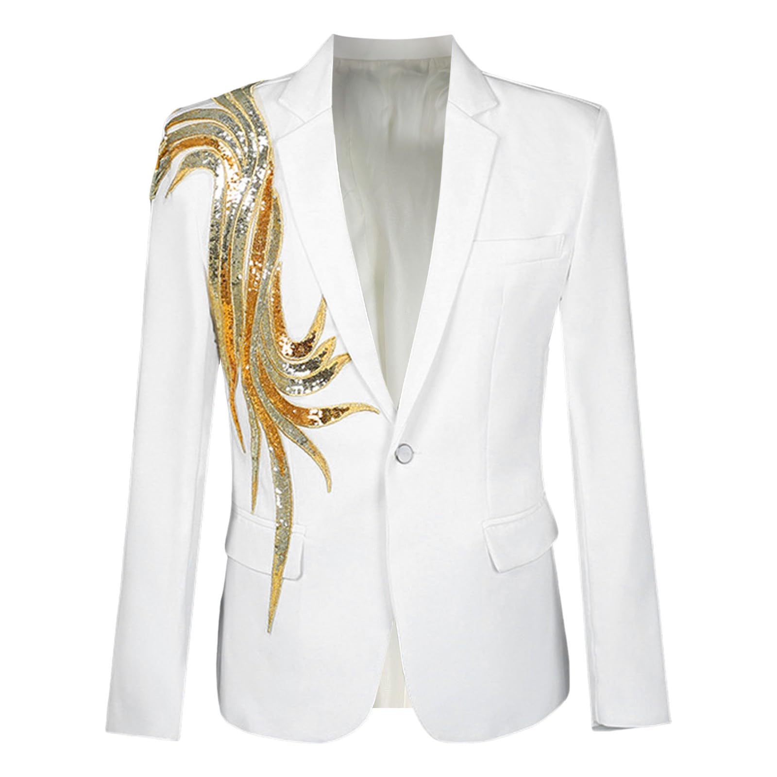 Abito con paillettes da uomo, giacca lucida, stile retrò, oro, con ricamo, blazer scintillante, slim fit, per feste, balli di fine anno