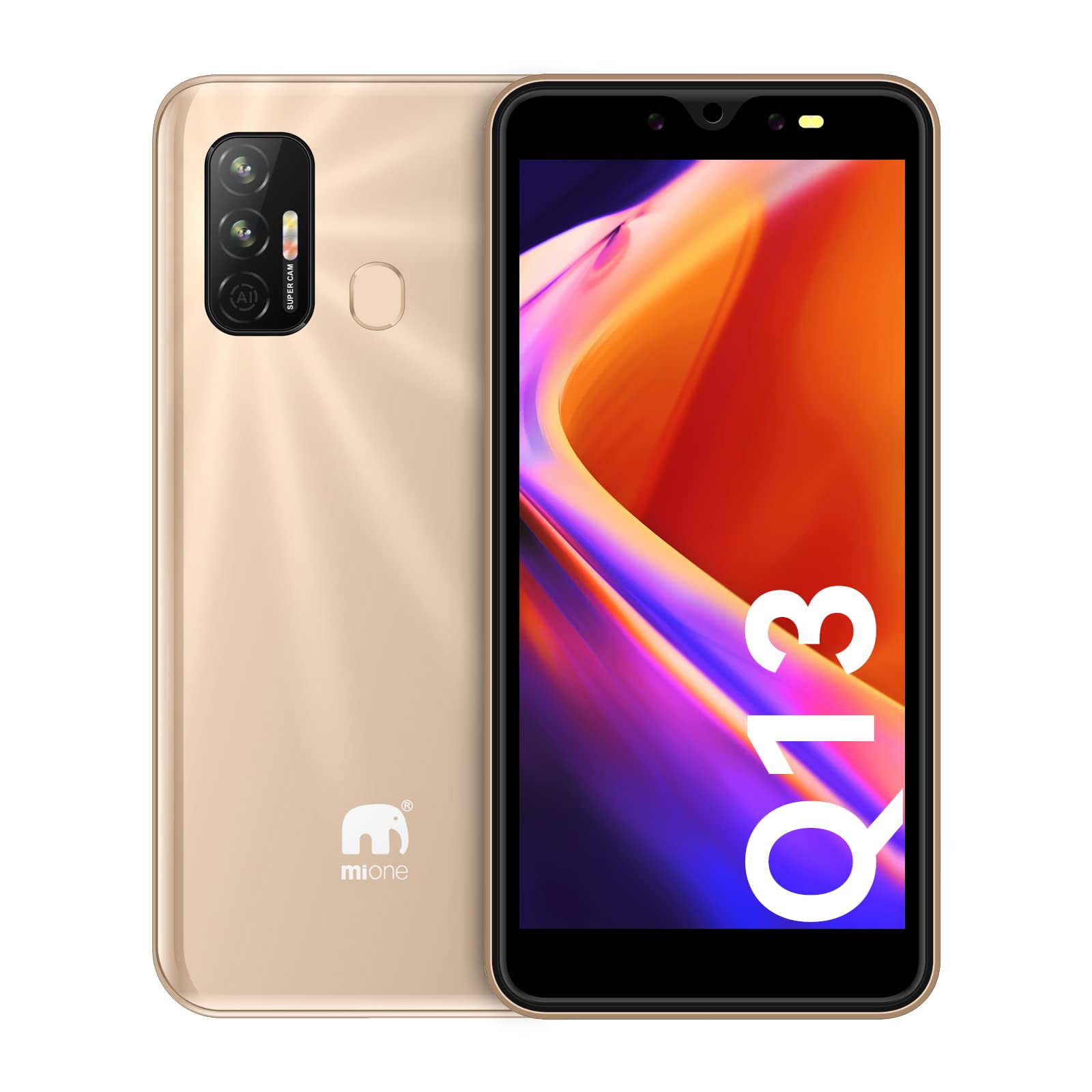 mione Q13“5.5” Android Smartphone,2GB RAM 8GB ROM, front 2MP and Bakc 5MP clear Camera, 3G Dual SIM, 2800mAh Long Life Battery | Fingerprint & Face ID (Gold)