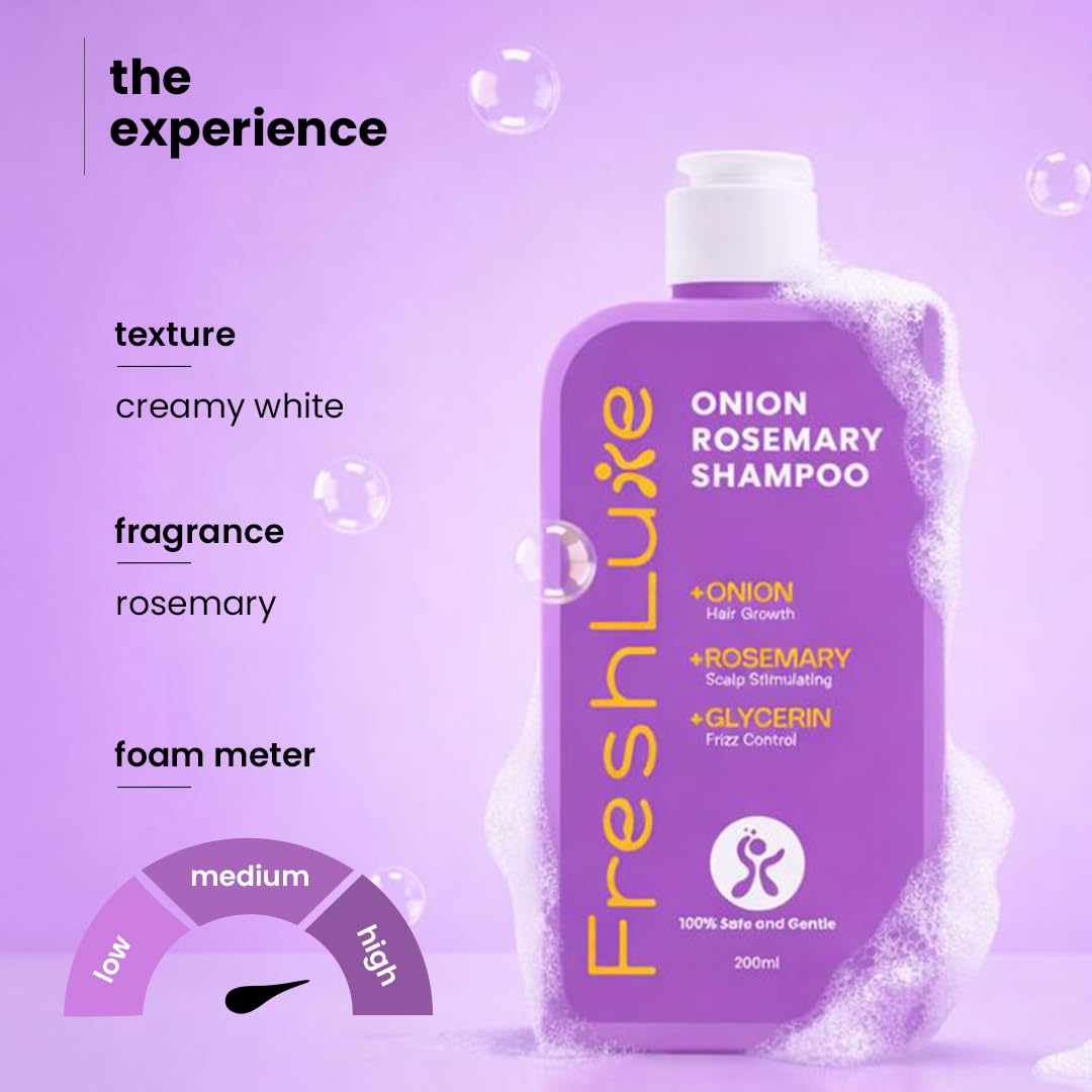 FreshLuxe Onion & Rosemary Shampoo for Men & Women - 200ml | Hair Growth, Scalp Stimulating, Frizz Control Reduces Hair Fall | Strengthens & Smoothens Hair | Paraben Free, Sulphate Free, Derma Tested 3