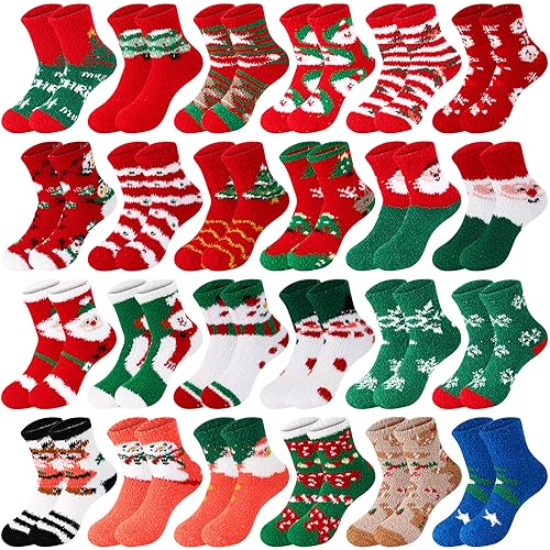Image of Suhine 48 Pairs Christmas Fuzzy Socks Colorful Cozy Fluffy Christmas Socks Holiday Winter Warm Soft Slipper Socks Women Kids