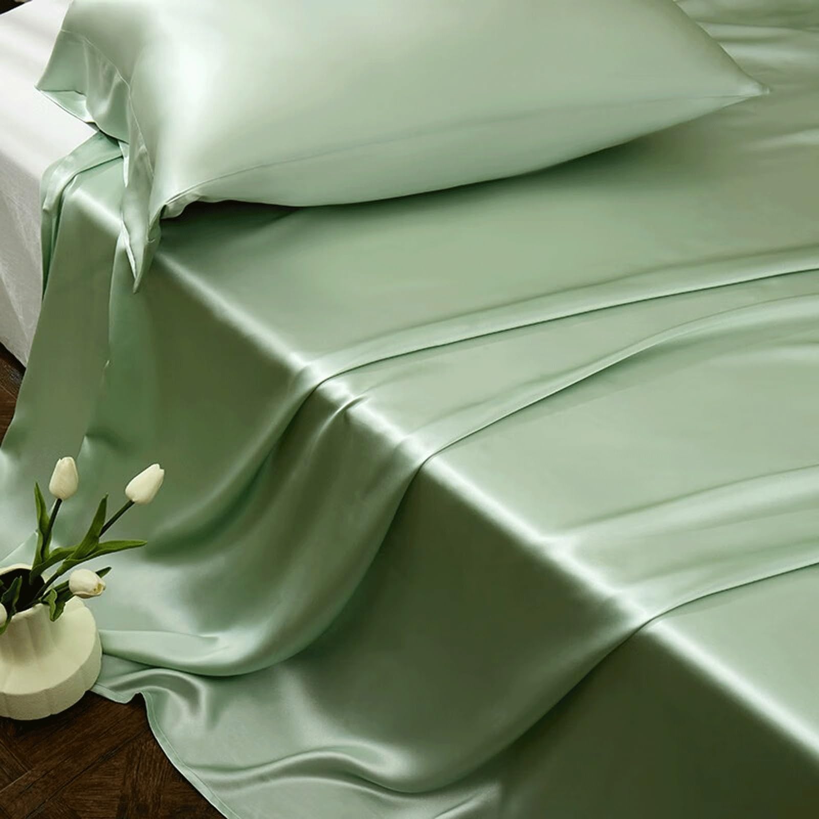 Lenzuolo Sopra Piano in Raso Singolo Matrimoniale 170x230cm 230x250cm 250x250cm in Seta Lavata Delicato Sulla Pelle Liscio Come la Seta(Fruit Green,230x250cm)