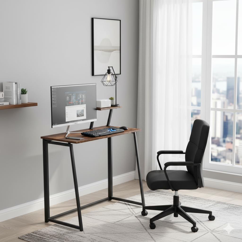 FurnitureR Posta di lavoro per computer pieghevole, con ripiano rialzato per schermo, per ufficio o sala studio, trasporto e ripostiglio, compatto e moderno industriale, 80 x 40 x 74 cm