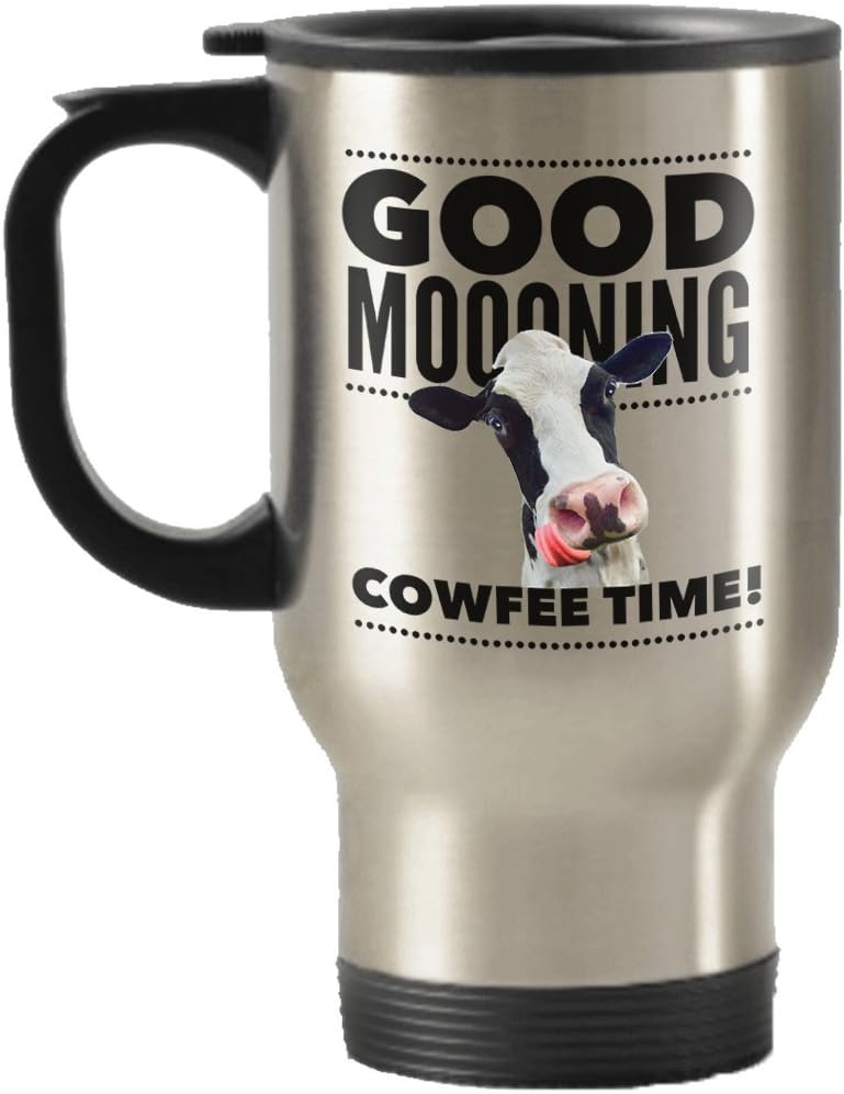 me,myself & i DESIGNS Cow Coffee Travel Mug Good Moooning Cowfee Time 14 oz Stainless Steel Travel Tumbler Handled Gift